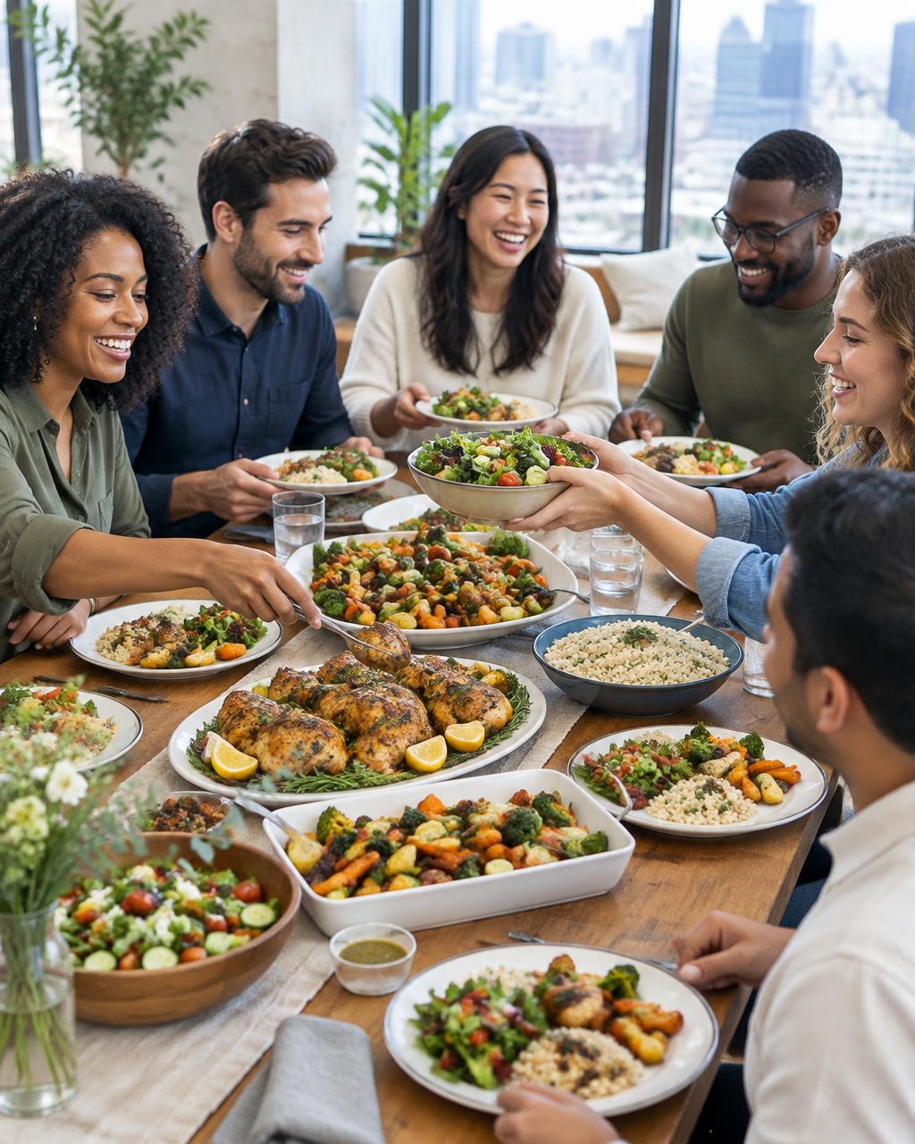 Illustrative photograph of a laughing group sharing a generous catered meal