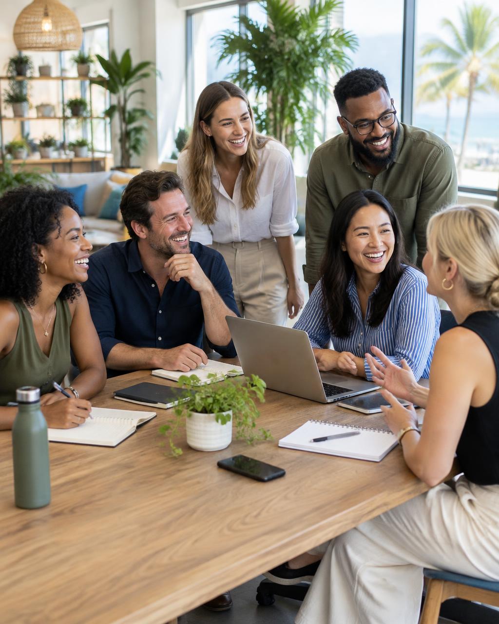 Illustrative photograph of smiling coworkers sharing ideas around a meeting table