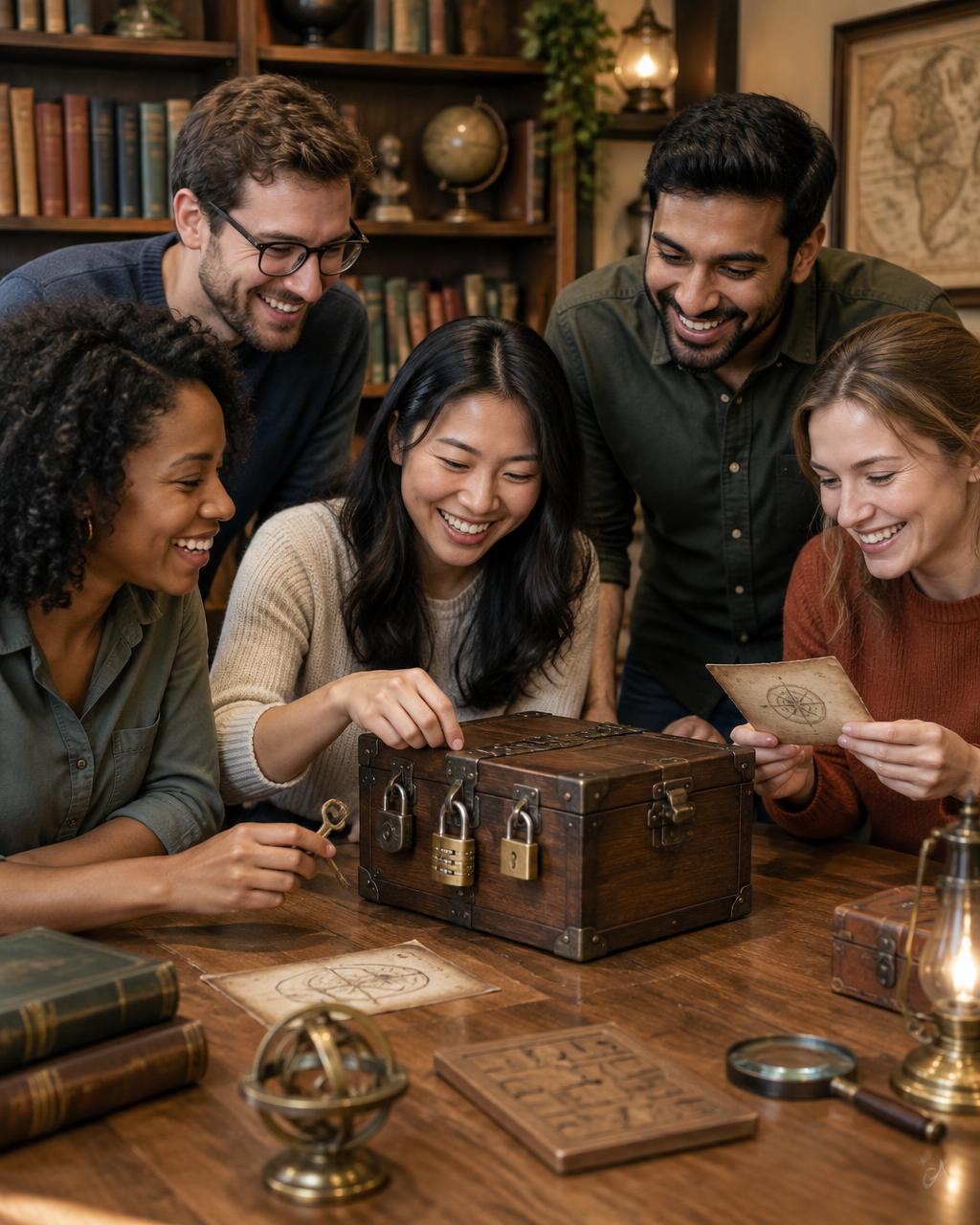 Illustrative photograph of smiling teammates working together to solve a puzzle